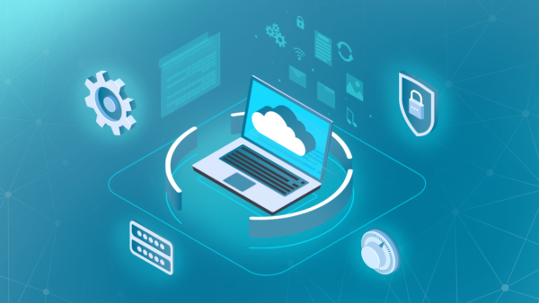 A computer with a cloud on the screen surrounded by data protection symbols