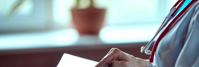 A doctor looking at a document.